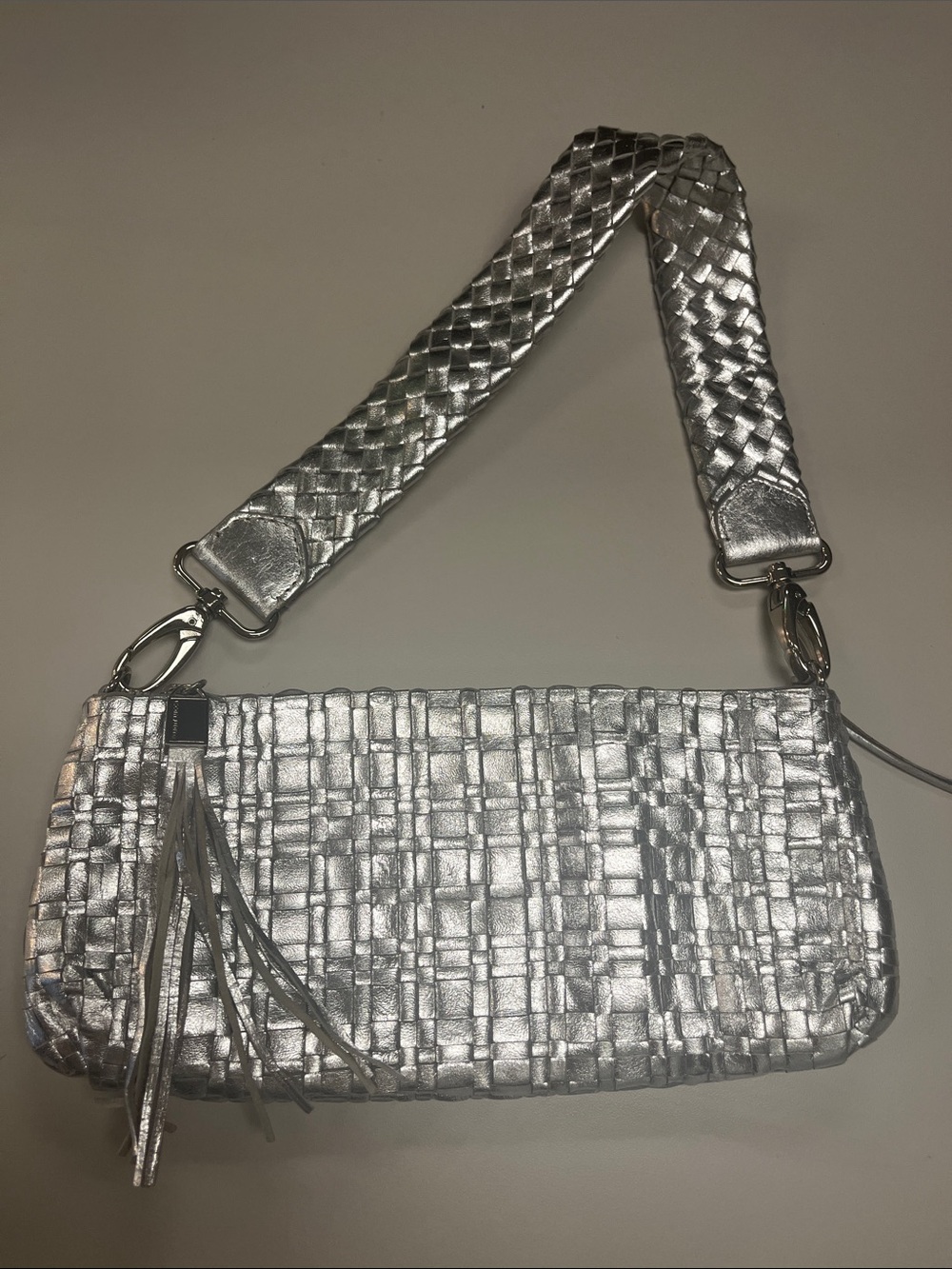 Elliott Lucca Silver Woven Metallic Clutch wTassel Removable Strap